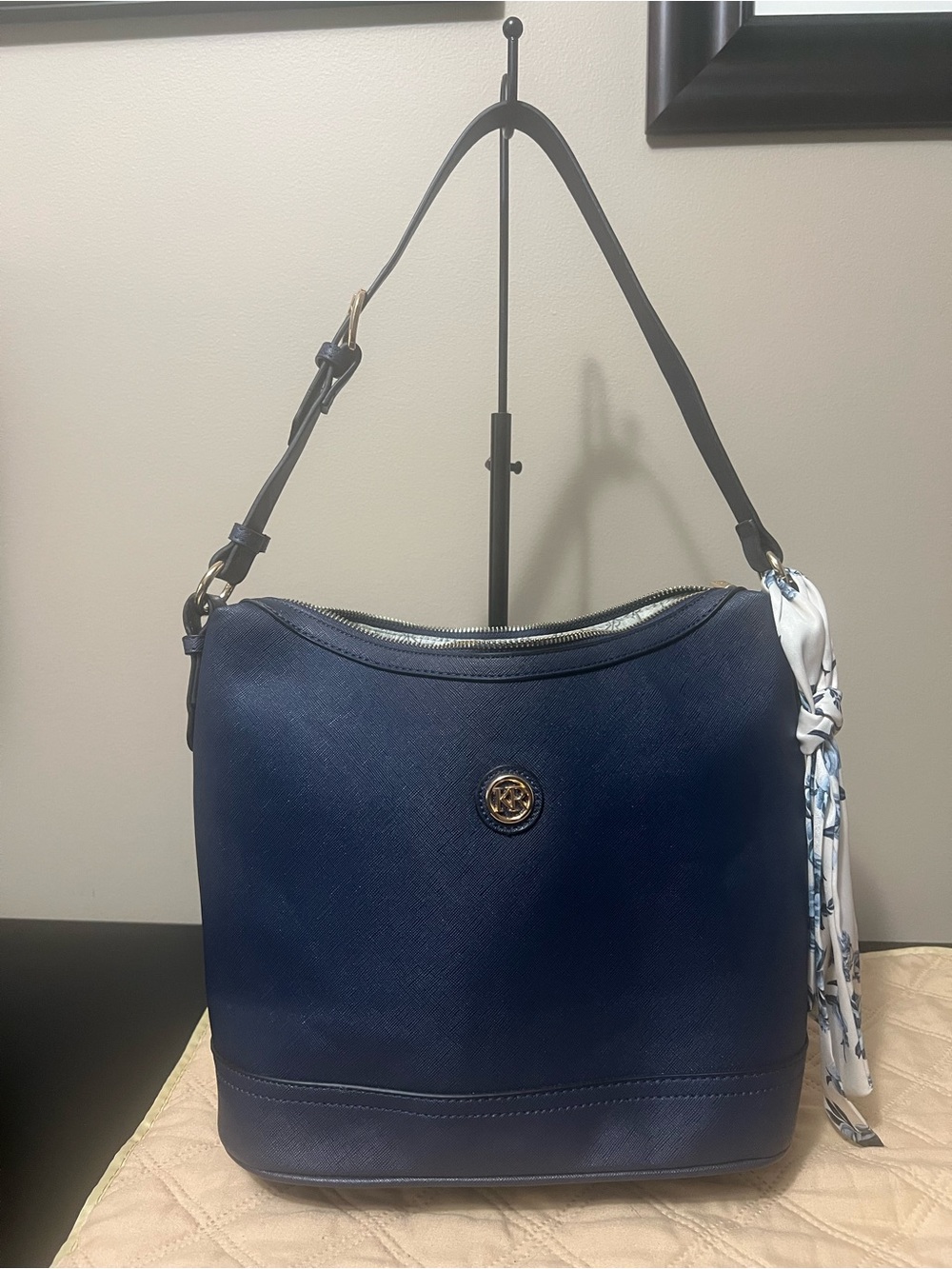 Kim Rogers Navy Saffiano Hobo Shoulder Bag with Scarf Accent